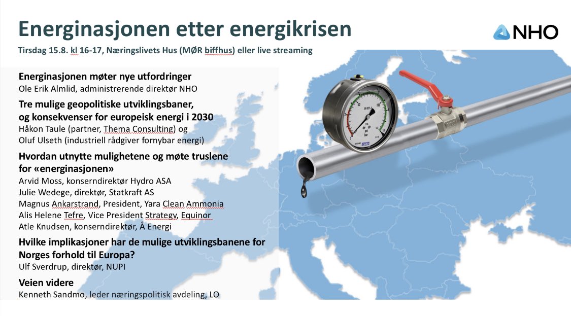Hva møter energinasjonen Norge etter energikrisen i Europa?

Kom og hør tirsdag kl 16 på Næringslivets hus under #Arendalsuka 

<a href="/haakontaule/">haakontaule</a> og jeg vil bla presentere tre mulige geopolitiske scenarier frem mot 2030 og implikasjonene for europeiske energimarkeder.