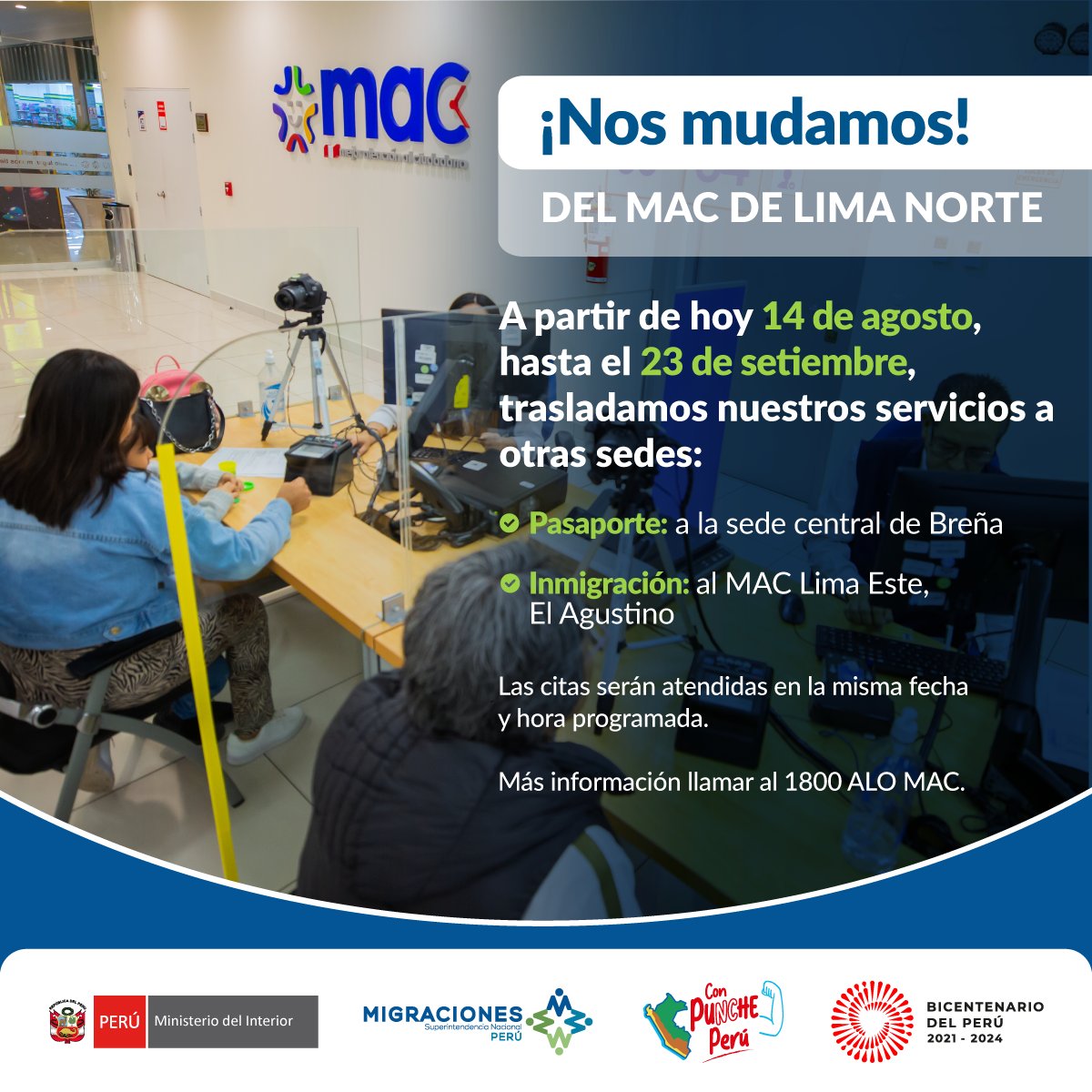 MigracionesPe's tweet photo. 🔴 #Atención ¡Nos mudamos! Del MAC de #LimaNorte. A partir de hoy todas las citas programadas en esta sede hasta el #23Set, serán atendidas según el trámite en:

✅Pasaporte: Sede Central Breña
✅Inmigración: MAC #LimaEste El Agustino

Más información 📞#AlóMAC https://t.co/VHTS7CazSC