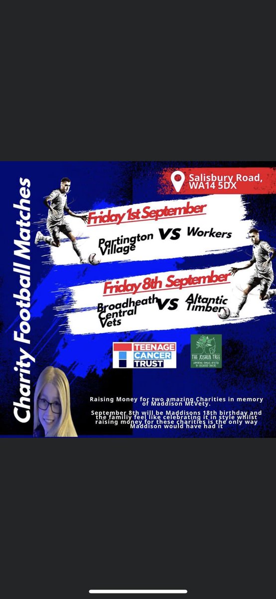 williamson_dm's tweet photo. Any donations would be greatly received. Maddison had a 4 year battle with osteosarcoma and unfortunately didn’t make it but these two charities have been brilliant throughout @TeenageCancer @joshuatreekids @JackGrealish @ManCity @MicahRichards @PhilFoden https://t.co/HmcqD0CZZY