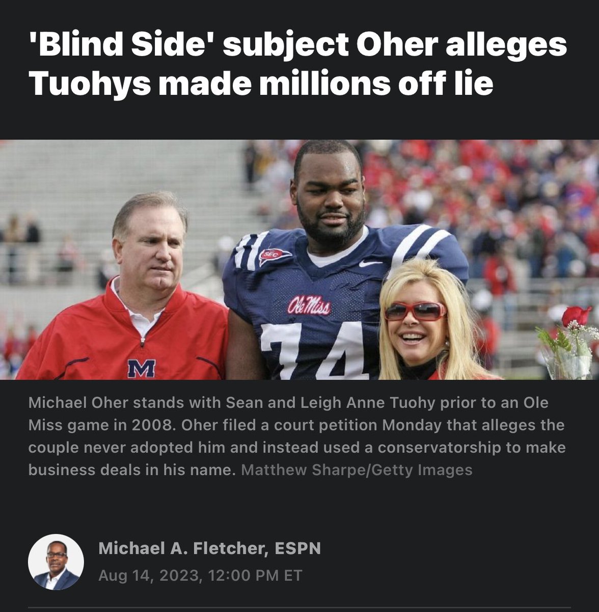 BSO's tweet image. Michael Oher always hated the Blind Side movie and now comes to find out his “loving parents” were allegedly scamming him the whole time because they saw he could be an NFL player. Movie portrayed him as mentally slow because that helped the white savior plot and helped Sandra…