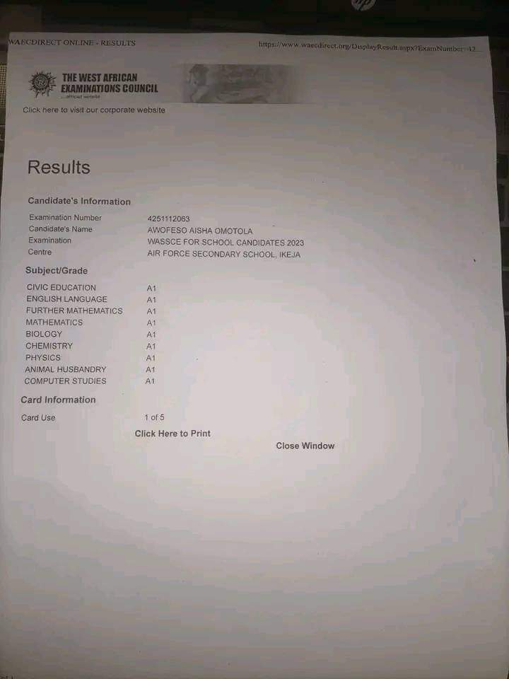 abdullahayofel's tweet image. Let's celebrate Hallmark of Excellence. AWOFESO AISHA OMOTOLA, 2023 Best Overall graduating student Air Force Secondary School Ikeja Lagos 🇳🇬

Civic Education -               A1
English Language -           A1
Further Mathematics -     A1
Mathematics -                   A1