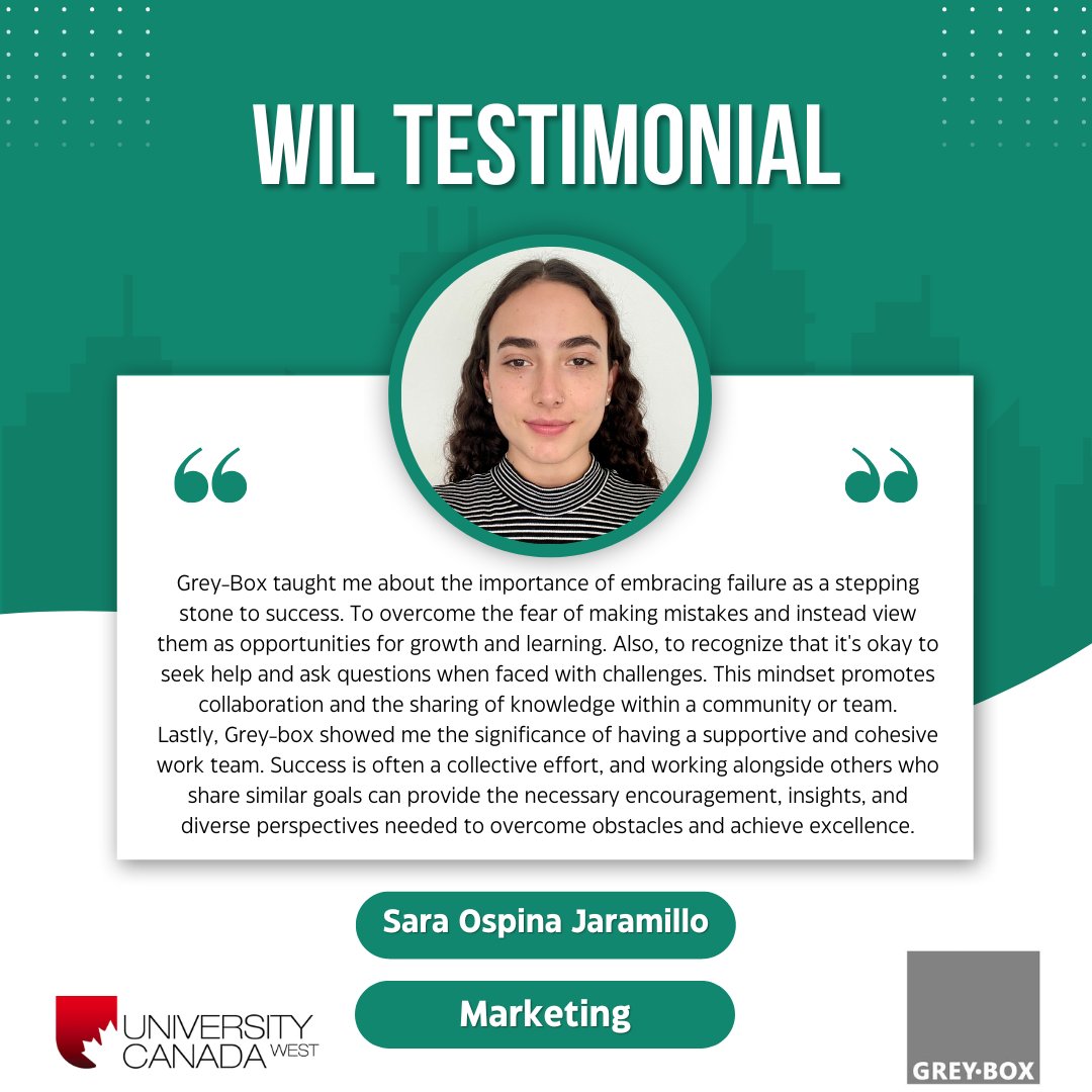 greyboxproject's tweet photo. We are thrilled to share a testimonial from Sara, one of our marketing interns! Sara had the chance to work  on various marketing related projects! 🚀 

To learn more about the Work Integrated Learning experience offered at Grey-Box, visit https://t.co/9l0LySEixE

#Testimonial https://t.co/qI4leb7Jyj