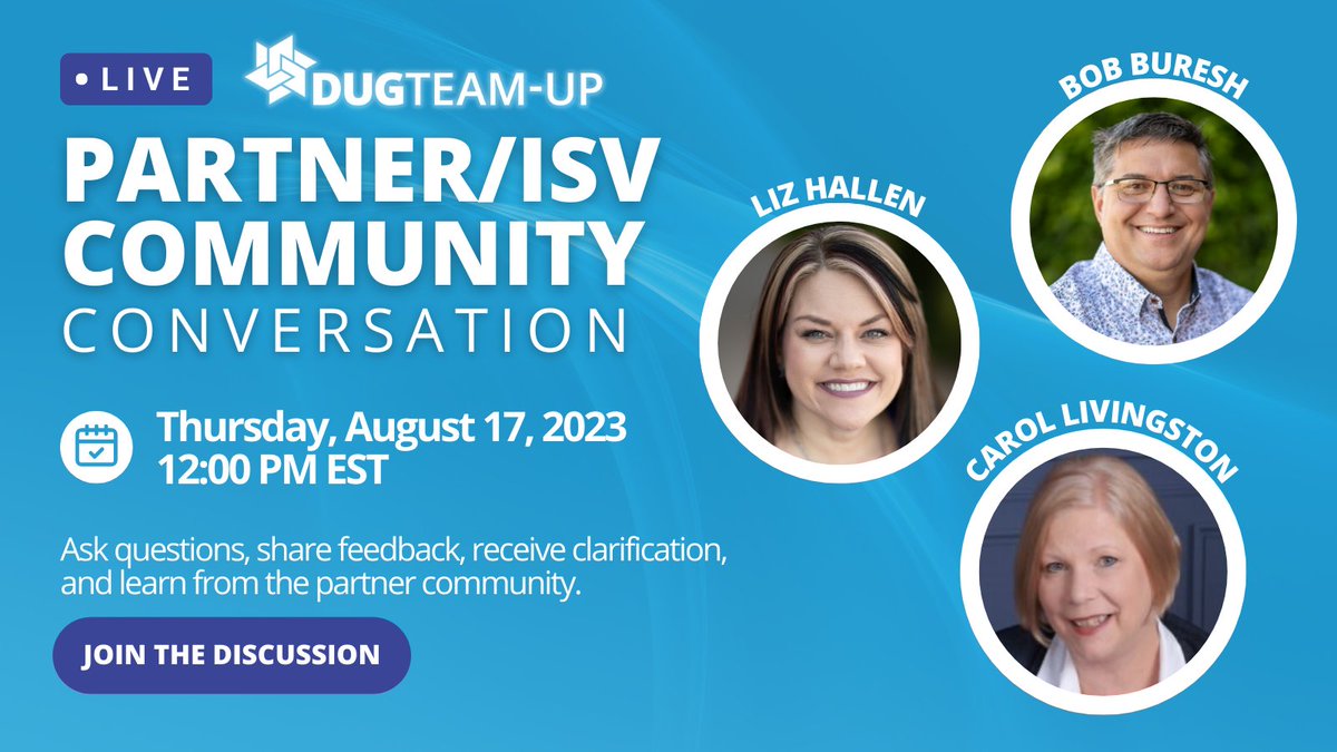 DynamicsUG's tweet image. Reminder to join @LizHallen, Bob, and special guest @clivingston102 of @DynConnection for this month&apos;s Partner/ISV Community Conversation on Thursday (8/17) at 12pm ET! Topic is how ISV&apos;s and VAR&apos;s can work better together 🤝

➡️ linkedin.com/events/dug-sau…

#MSDyn365 | #MSUSPartner