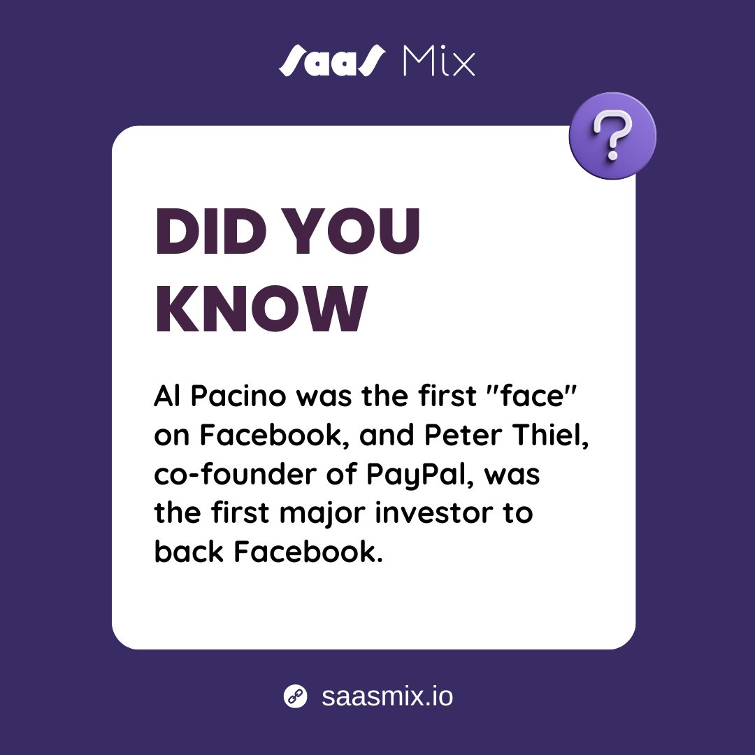 saas_mix's tweet photo. Al Pacino was the first "face" on Facebook, and Peter Thiel, co-founder of PayPal, was the first major investor to back Facebook.

#Facebook #Facebook #FacebookStats #AlPacino #PeterThiels #SaaSMix https://t.co/uiXnVtdinE