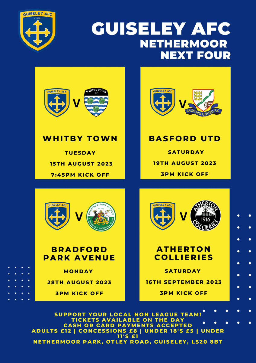 🦁 | Can you help spread the word?

Thank you to 40 local businesses for their support!

Our latest 'Nethermoor Next Four' poster and 23/24 fixture lists are now available to download and display: guiseleyafc.co.uk/matchday-poste… 

#GAFC #GuiseleyTogether