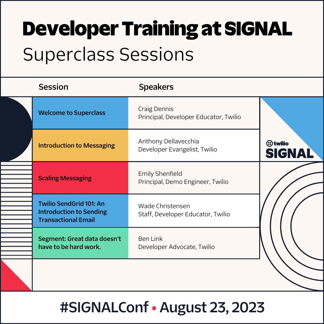 Are you a developer looking to get up and running in the Twilioverse? 🚀 Join Superclass at #SIGNALConf for code-driven workshops and hands-on exercises with Twilio APIs. Register here → signal.twilio.com/2023/developer…