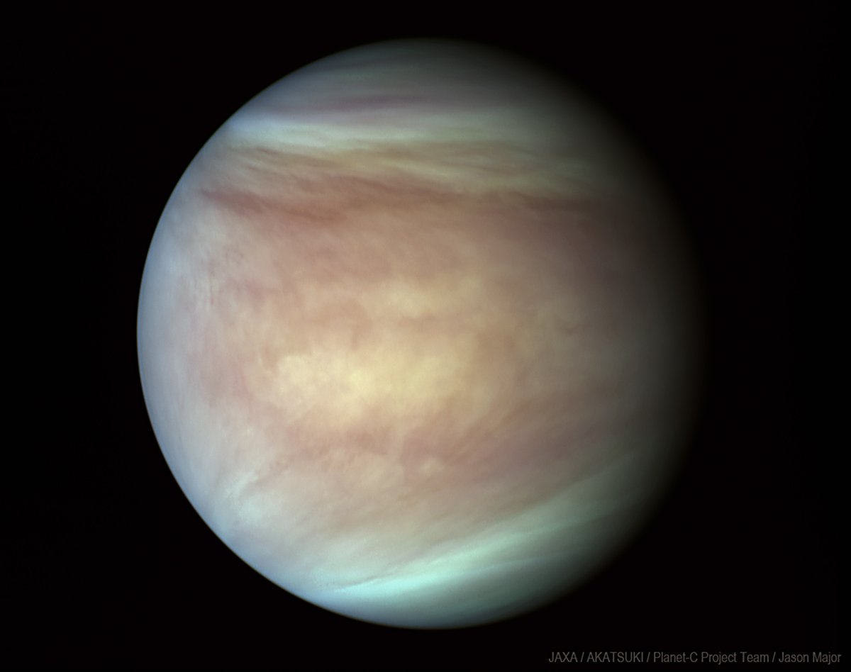 A view of Venus made from image data captured by JAXA's AKATSUKI spacecraft in ultraviolet and infrared wavelengths on April 25, 2016 from about 80,000 km away