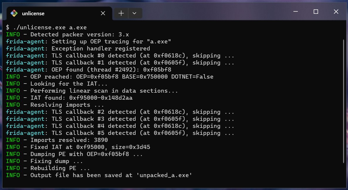 Unlicense 0.4.0 is out! This release is long overdue but here it is.

Many bug fixes, including some for Themida/WinLicense 3.1.4.x.

Full changelog and download here: github.com/ergrelet/unlic…