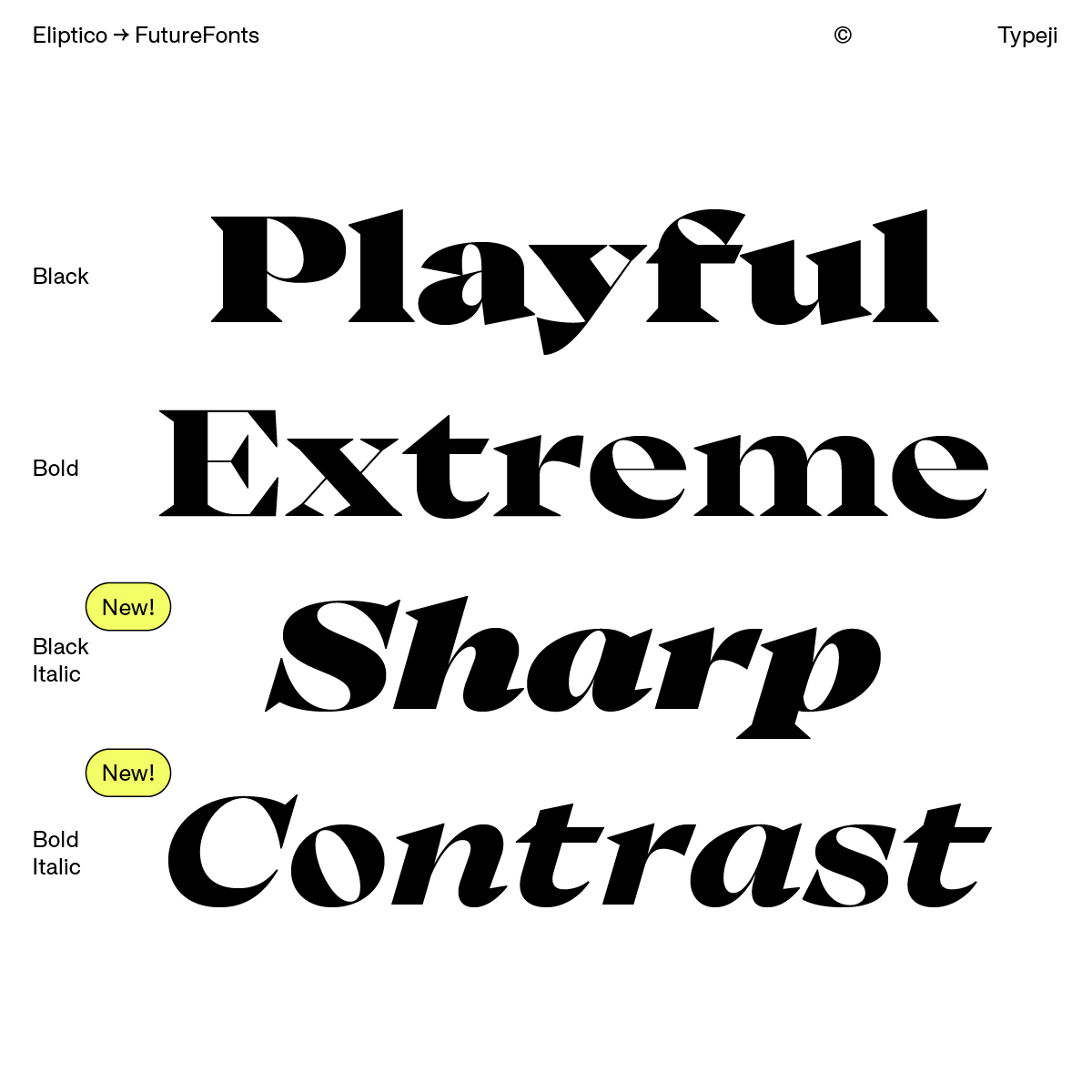 futurefonts's tweet photo. ✨UPDATE✨ Eliptico v0.2 by @typeji adds two new italic styles, in Bold and Black weights. Webfonts have also now been included in this high contraster. What’s next? More styles!

https://t.co/Gf8XRZ49KX https://t.co/LsYyyNogx9