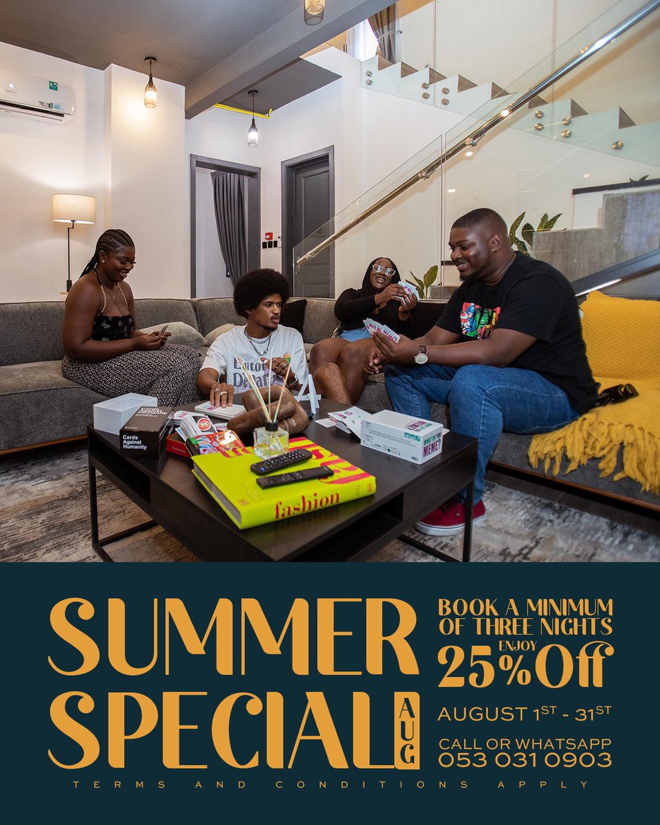 The perfect getaway!
Enjoy 25% off when you book a minimum of three nights at the RaJ.
Promo ends August 31st, 2023.

For bookings, call or WhatsApp +233 530310903
T & C apply.

#TheRaj #TheRajApartment #SummerSpecial