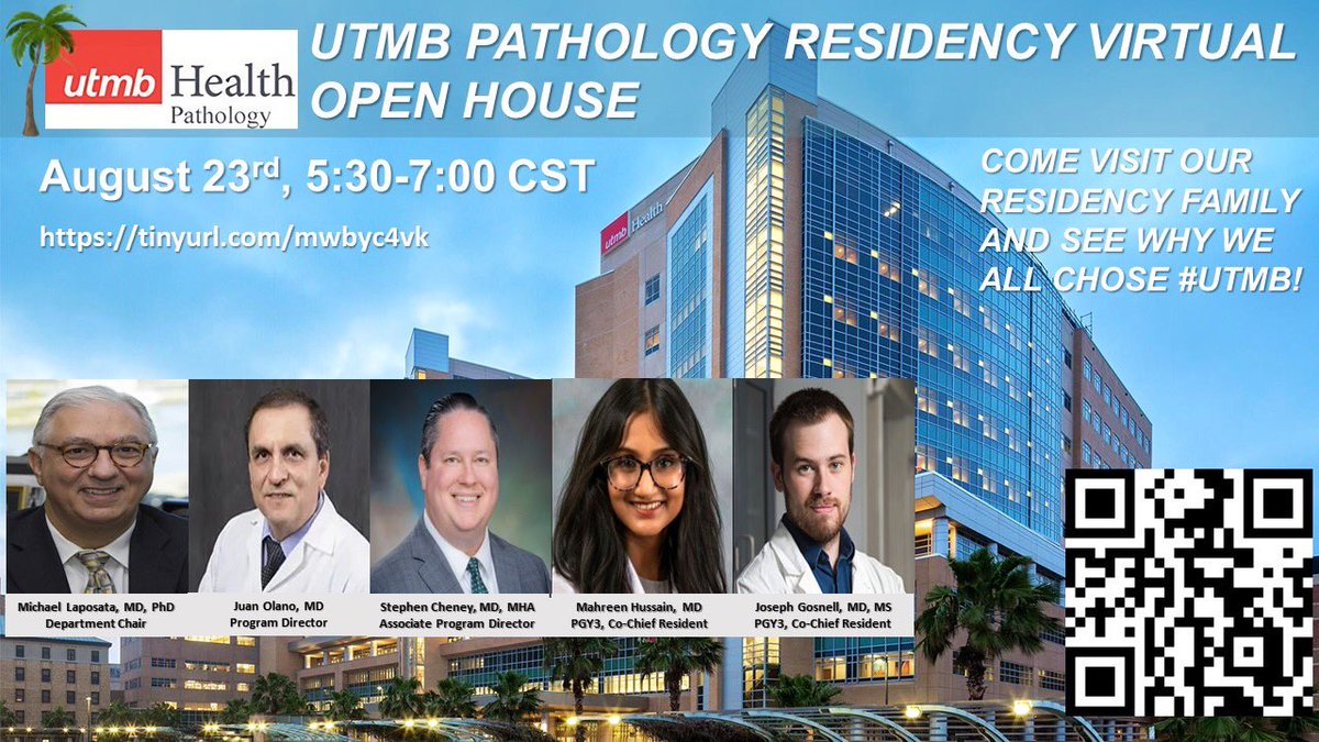 Interested in learning more about the exciting program @UTMB_Pathology? Come to our virtual open house to hear about our DMTs, digital pathology initiatives, friendly residents, and beautiful locale! Please register! tinyurl.com/mwbyc4vk