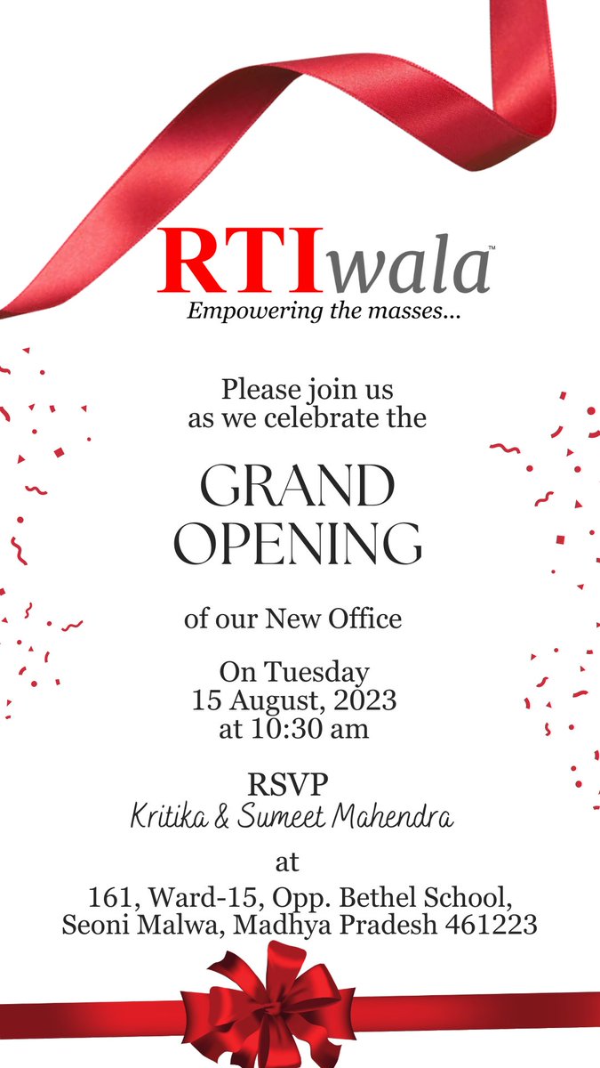 sumt7's tweet image. We heartly solicit your esteemed presence and blessings on the auspicious occasion of inauguration of our new office.

Join us for our celebration!🎉on 15th of Aug 2023, Tuesday.
#RTIwala
#Workspace #NewOffice #Inaugration