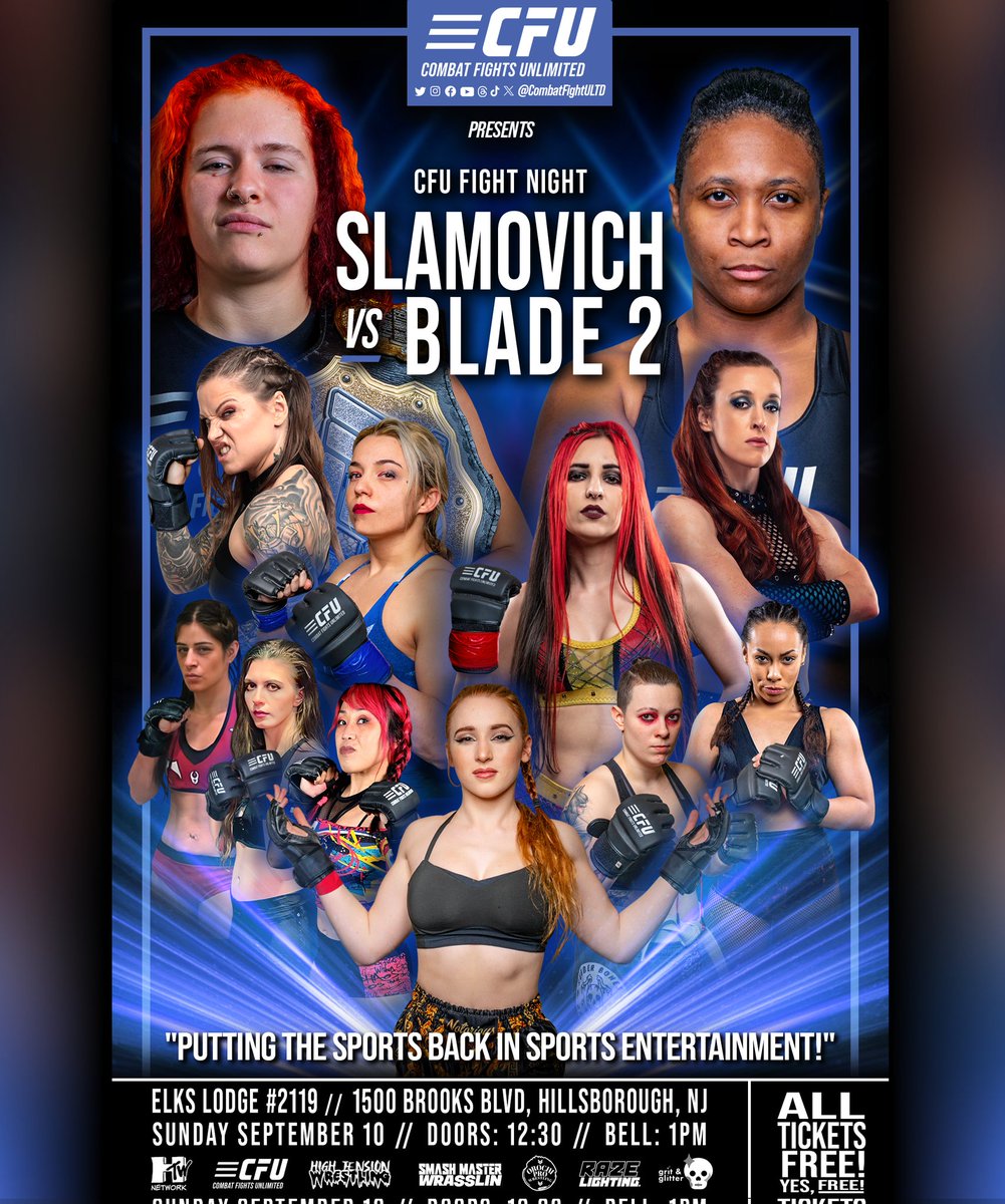 BREAKING! Combat Fights Unlimited returns with SLAMOVICH VS BLADE 2! September 10th, in Manville NJ. 🚪: 12:30, 🛎: 1pm An exciting afternoon of hard-hitting FIGHTS! Match announcements start TOMORROW. Oh, and did we mention it's FREE!?