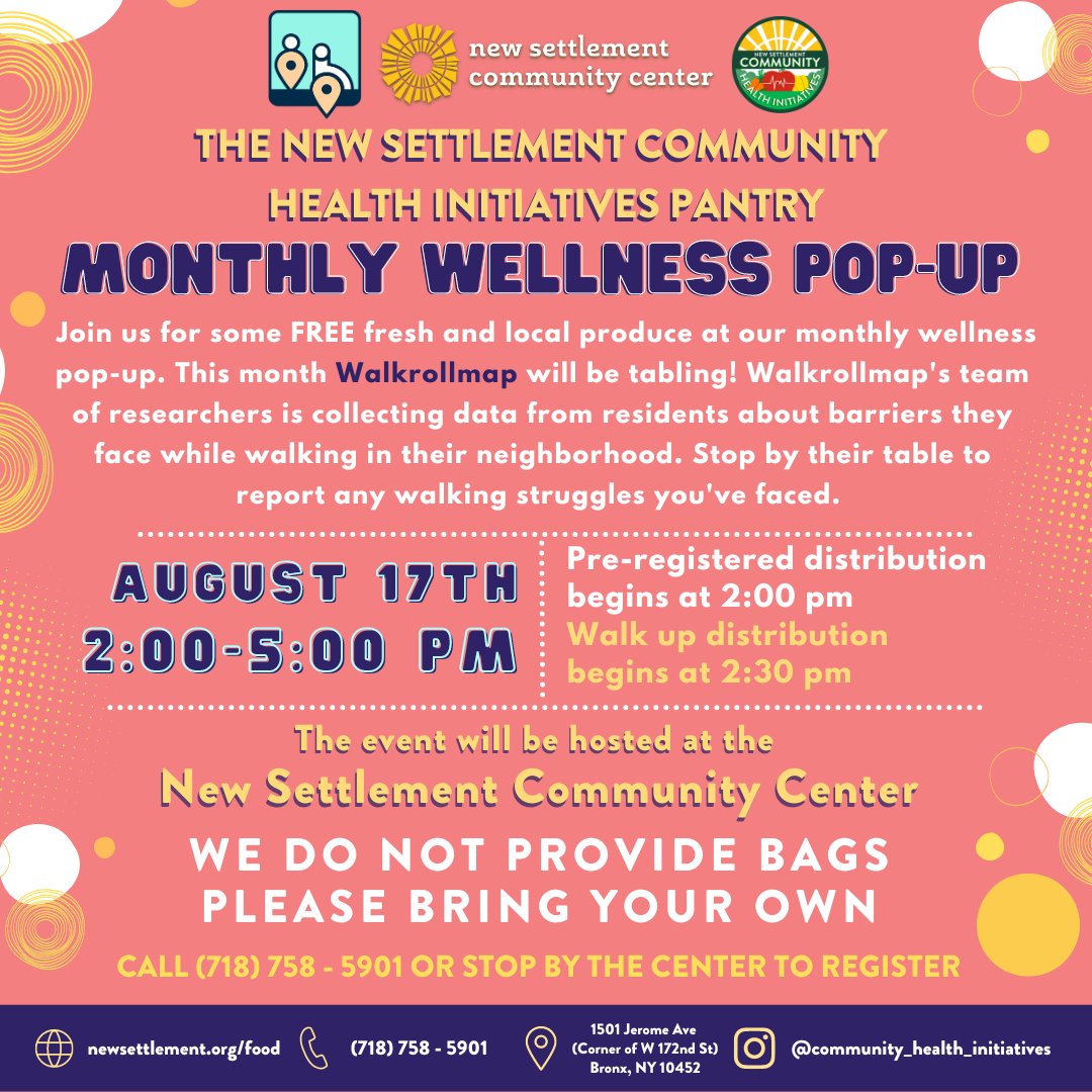 NewSettlementNY's tweet photo. Join us at the New Settlement CHI Monthly Wellness Pop-Up on August 17th from 2-5 PM. There will be FREE local produce & Walkrollmap will be tabling. Share your walking experiences to create a healthier community!🌼 🚶♂️
#FoodPantry #nsccbx #NewSettlement https://t.co/mwQkMw5MEr