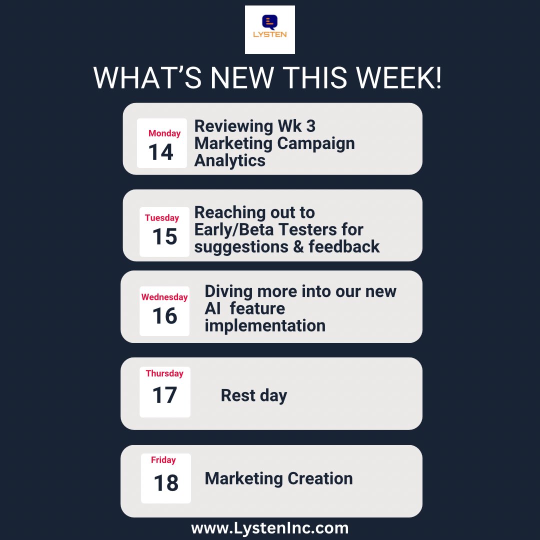 Lysten_'s tweet image. 📢 Attention 📢

Get ready for an incredible week ahead as we bring you exciting updates &amp;amp;  events.  We're all about fostering meaningful interactions &amp;amp; empowering you to connect with like-minded peers. Here's what's happening this wk

#buildinpublic #MondayMotivaton