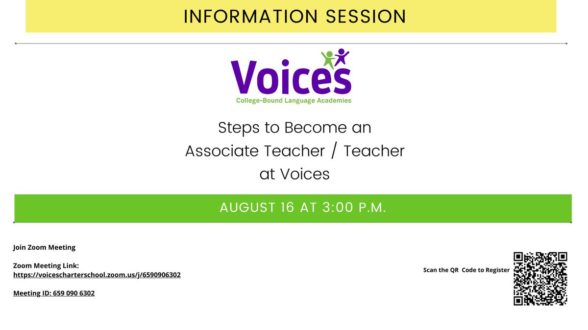 VoicesAcademies's tweet photo. Information Session: Become a Teacher at Voices

Don't miss our Teacher/Associate Teacher Information Session on Wednesday, August 16, 2023, PST. Register Here: https://t.co/9mk07HXGDu

Zoom Meeting Link: 
https://t.co/nTMXwTmjZ6
Identificación de la reunión: 659 090 6302 https://t.co/dJyrpLMkTt