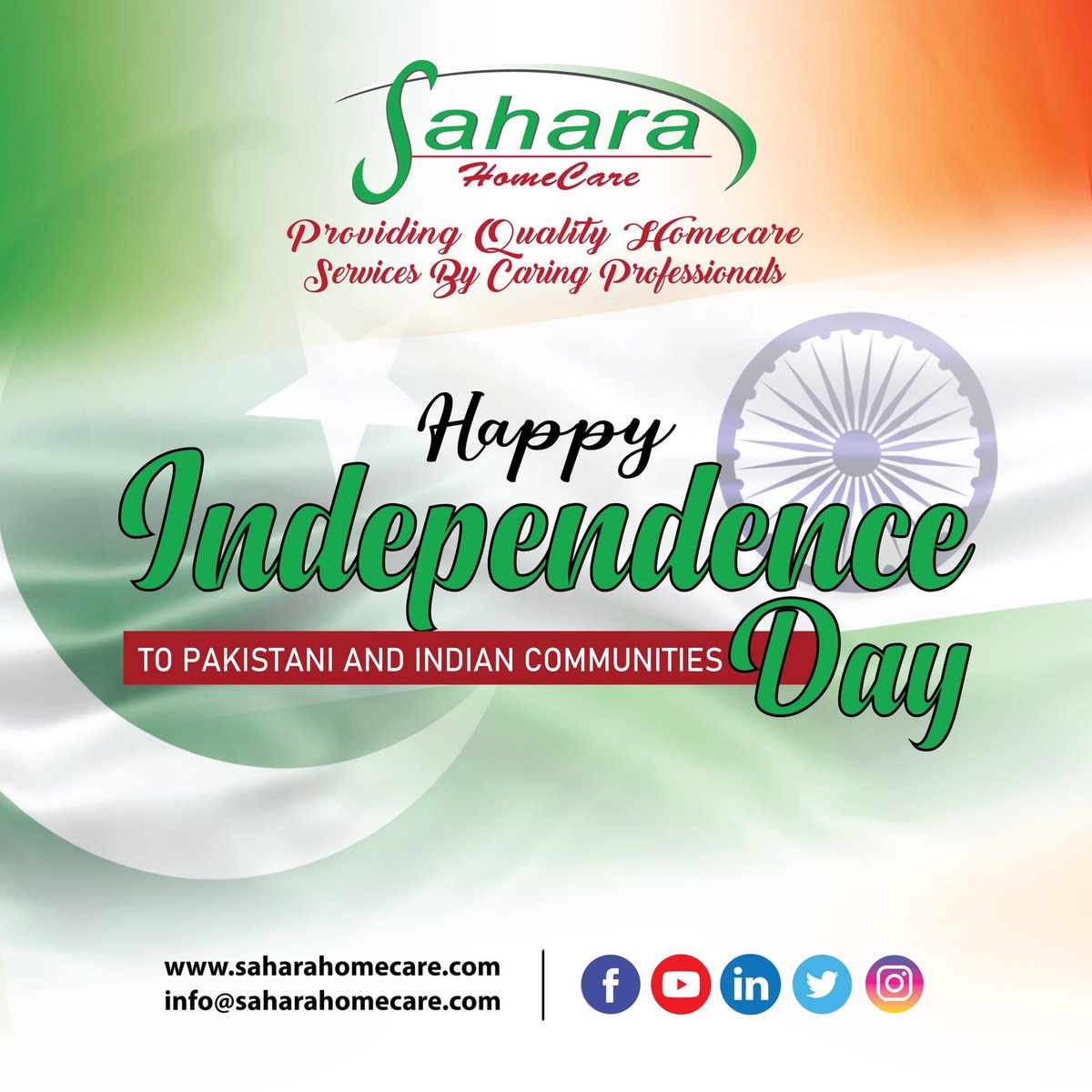 Happy Independence Day to all those who are celebrating! ❤️ #happyindependenceday #indianindependenceday #pakistaniindependenceday #saharahomecare #homecare #homecareprovider #seniorcare #seniorcareprovider #elderlycare #homecareaide #hca