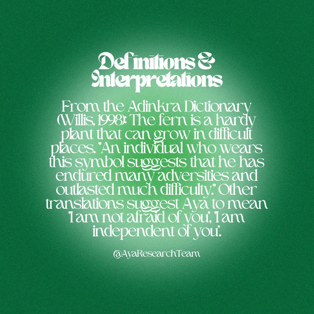 AYAResearchTeam's tweet image. #AYA, pronounced as "eye-ah", is a word derived from the #Twi language translating to "fern" in English. The term symbolizes endurance, resourcefulness, and defiance against oppression. Read more on the significance of the symbol when it comes to #blackliberation below.