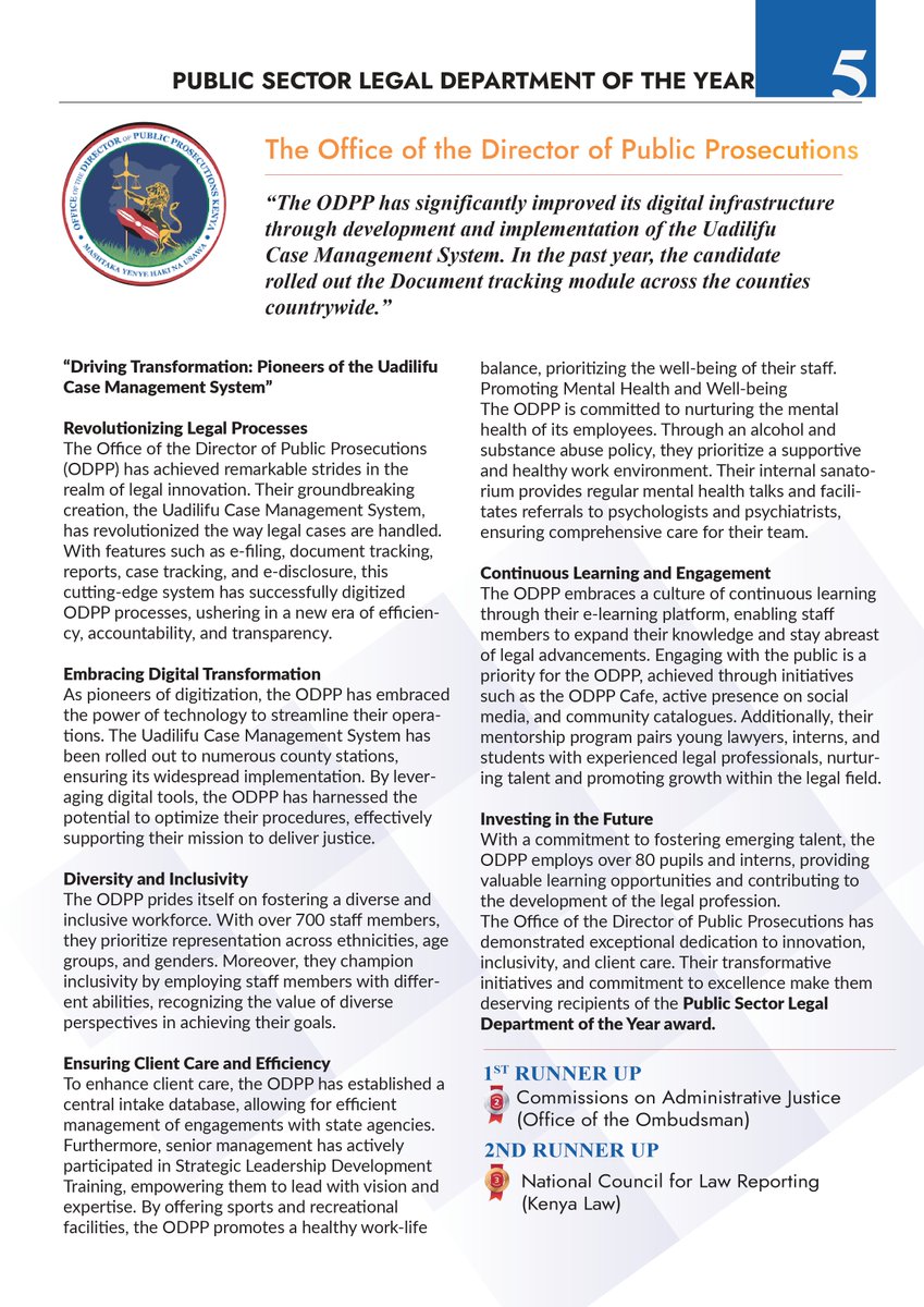 NrbLegal_Awards's tweet photo. Presenting the 2022 @lsk_nbi PUBLIC SECTOR LEGAL DEPARTMENT!

By pioneering the Uadilifu Case Management System, the Public Prosecutions' Office @ODPP_KE ushered in a new era of efficiency, accountability and transparency, earning them a recognition during our Legal Tech Edition. https://t.co/WeUBeYcpws