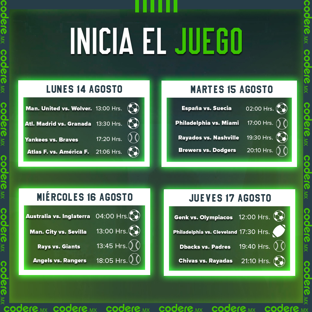 CodereMX's tweet photo. 🤩 ¡MÁXIMA INTENSIDAD! 🙌

Bonito inicio de semana, no olviden revisar nuestra cartelera con los mejores eventos deportivos de lunes a jueves:

✔️Rayados en semis⚽️
✔️Premier League⚽️
✔️La Liga⚽️
✔️Mundial Femenil⚽️
✔️MLB⚾️
✔️NFL🏈
✔️ Futbol Femenil⚽️

¡Sonrían, siempre! 😃 https://t.co/uYCh91SYTg