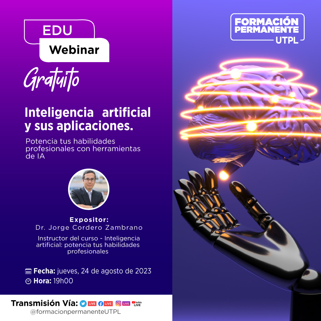 PermanenteUtpl's tweet photo. 📌Te invitamos a nuestro webinar "Inteligencia Artificial y sus Aplicaciones", donde exploraremos las fascinantes posibilidades que ofrece esta tecnología vanguardista. 🤖✨
Detalles:
📅 Fecha: 24 de agosto de 2023
🔗Enlace de conexión: https://t.co/Qh2qY983He
#WebinarIA #AI https://t.co/HSXQgpmy2C