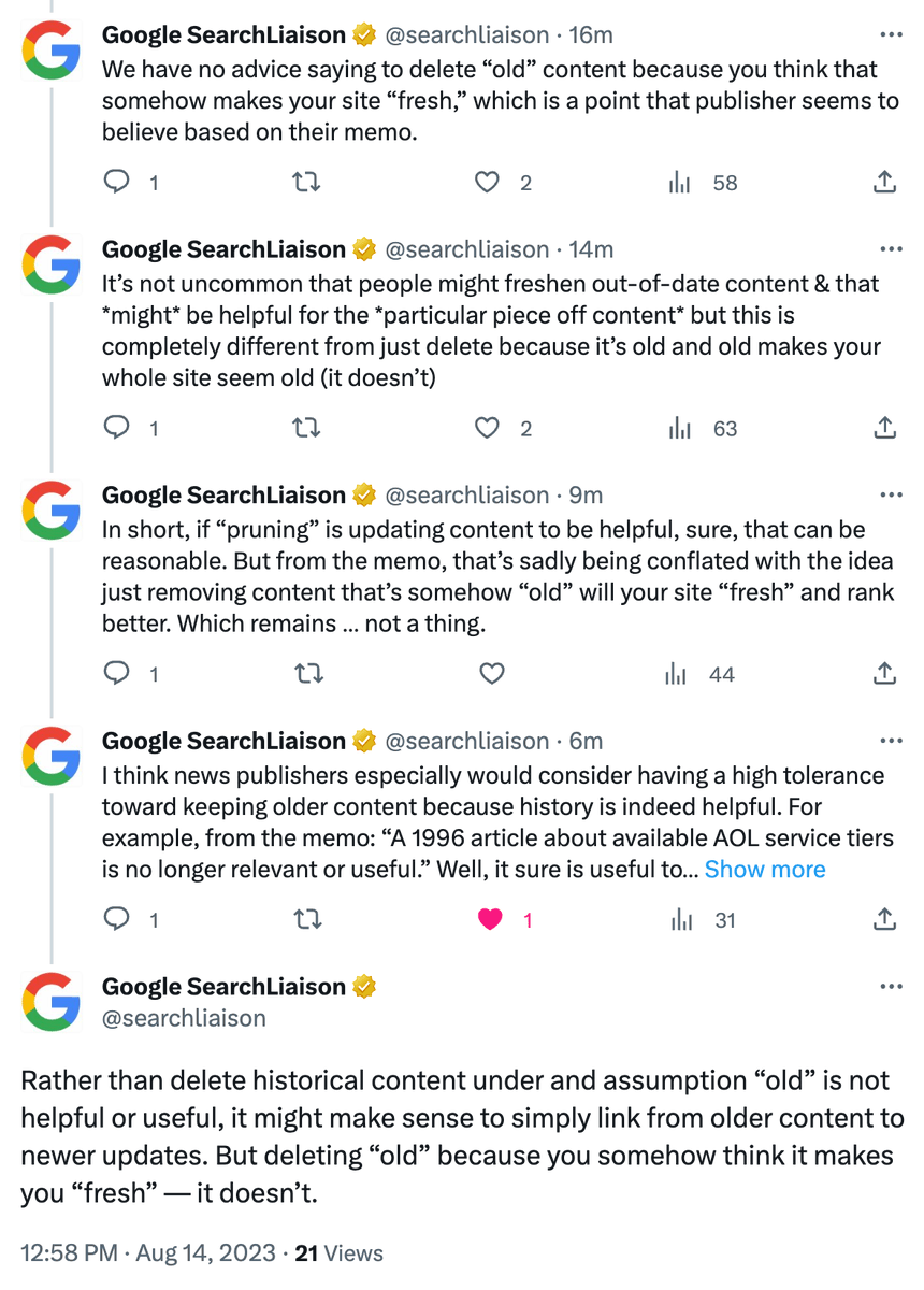 More from Google's <a href="/searchliaison/">Google SearchLiaison</a> on content pruning and deleting old content for SEO - story updated at seroundtable.com/google-dont-de…