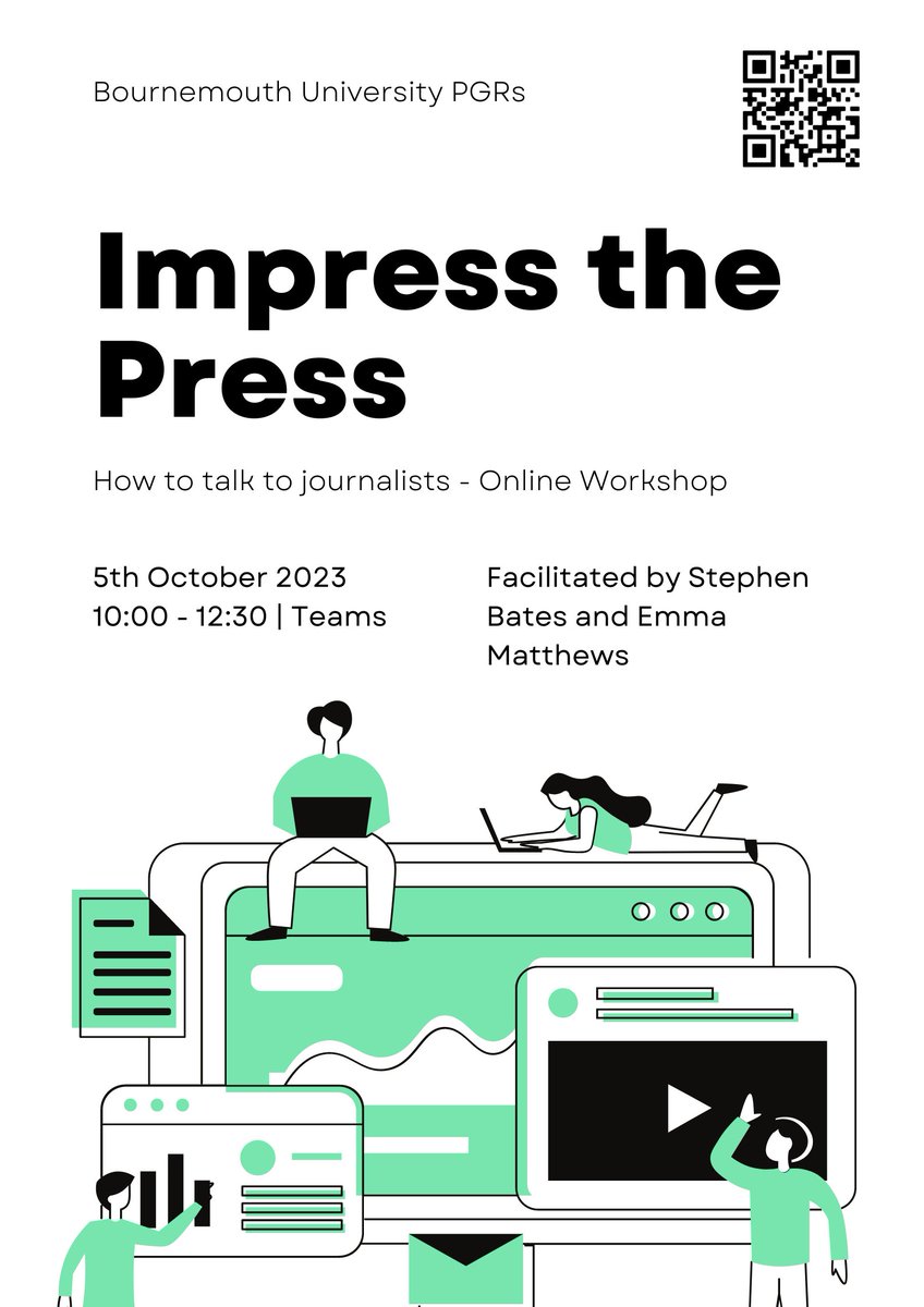 BUDocCollege's tweet image. 📢Calling PGRs at @bournemouthuni
If you’re interested in having your work and research reported in the media, join this practical workshop - Impress the Press: How to talk to journalists.
Book via Brightspace ➡️bit.ly/448ikek
#BUDoctoralCollege #BUPGRCulture