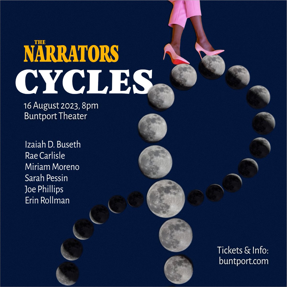 THIS WEDNESDAY! We've got an incredible lineup of folks telling true stories on the theme CYCLES.
@Buntport, 16 August at 8pm. Tickets and info at buntport.com! 

🎨: <a href="/thejokementor/">Christie Buchele</a>