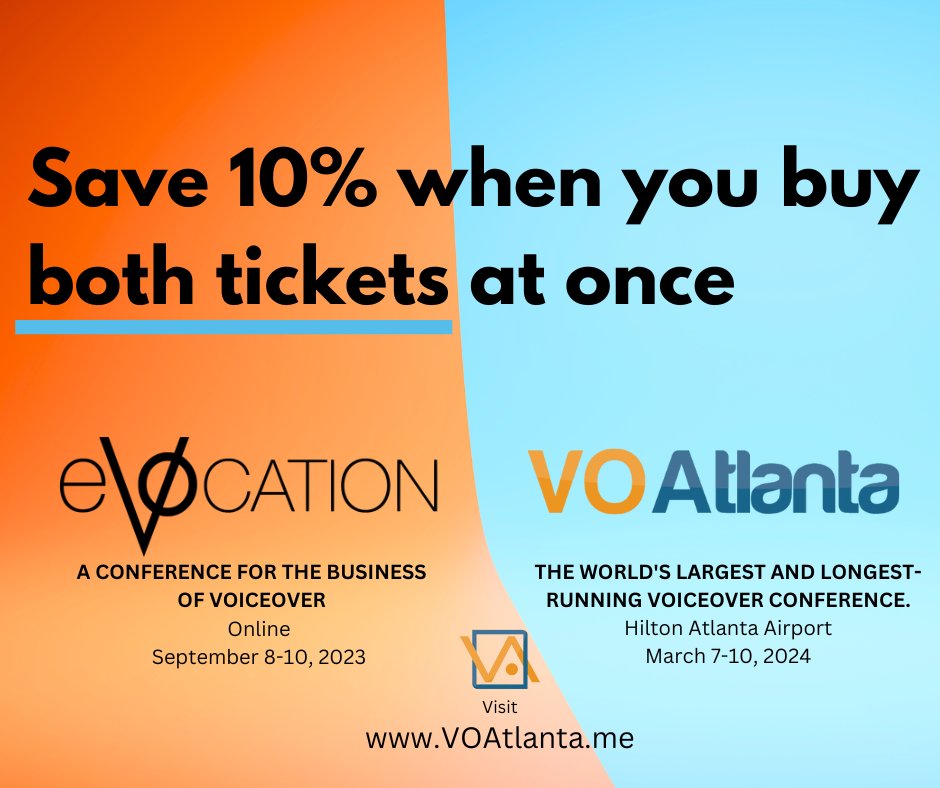 Got conference FOMO after seeing all the great pics from OVC 23?

Well, time to scratch that itch....TWICE!

VO Atlanta is thrilled to be partnering up with eVOcation, the industry's top business-only online conference to offer a combined ticket with 10% savings on full