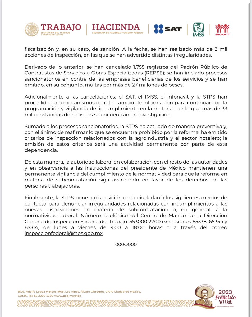 SATMX's tweet photo. #ComunicadoSAT

El SAT en coordinación con la @STPS_mx, @Tu_IMSS e @Infonavit, trabajan para garantizar el cumplimiento de la reforma en materia de subcontratación laboral y evitar que se vulneren los derechos de las personas trabajadoras. 

¡Contribuimos para transformar! https://t.co/u6wNmRUw5X