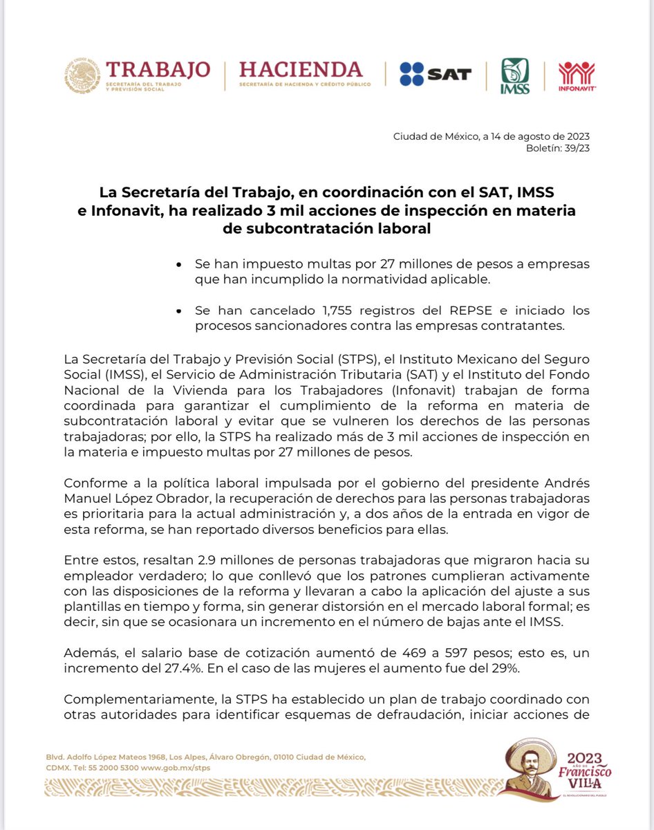 SATMX's tweet photo. #ComunicadoSAT

El SAT en coordinación con la @STPS_mx, @Tu_IMSS e @Infonavit, trabajan para garantizar el cumplimiento de la reforma en materia de subcontratación laboral y evitar que se vulneren los derechos de las personas trabajadoras. 

¡Contribuimos para transformar! https://t.co/u6wNmRUw5X