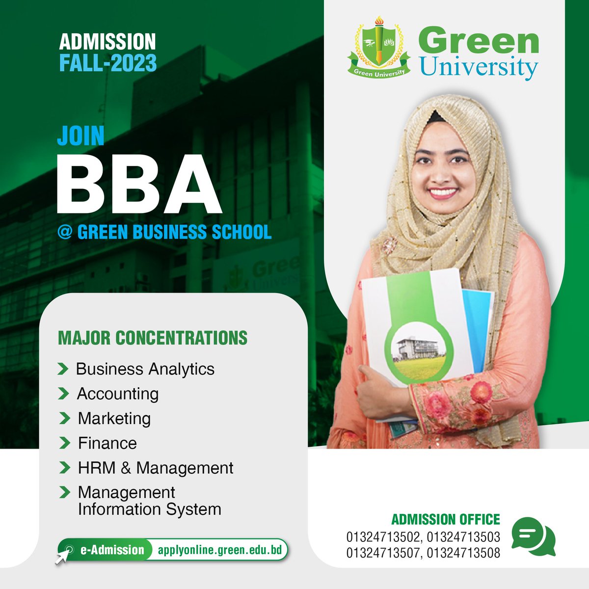 GreenVarsity's tweet photo. Unlock Your Potential in the World of Business: 
Study BBA at Green Business School
e-Admission: https://t.co/Cnnswv1C0S
Admission Helpline: 01324713502-8 https://t.co/yTrX6VyTcc