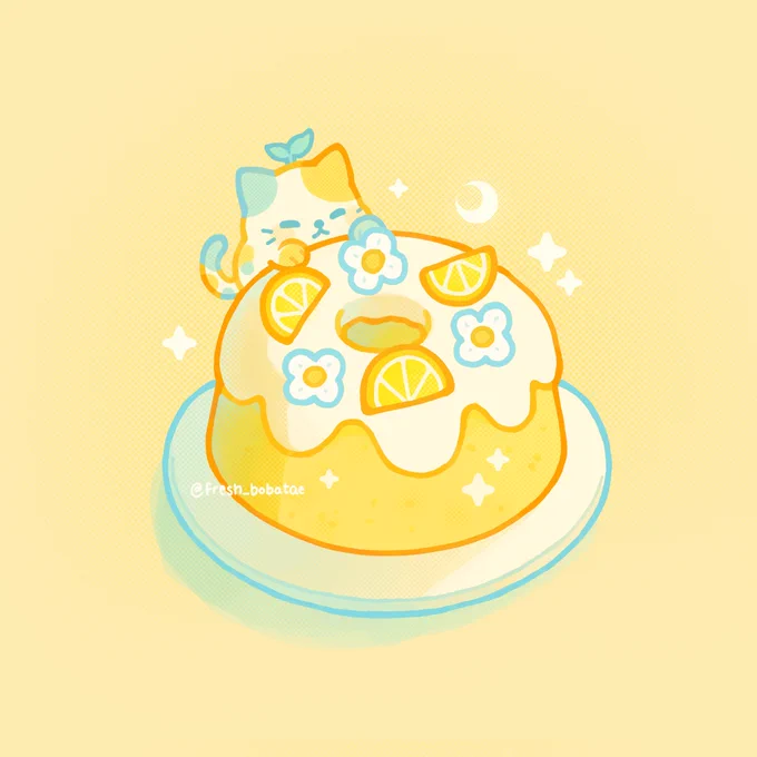 Lemon cake + cat   Super proud of re-learning how to draw on my phone! Sparkles and screentones were added using tablet bc I didn't have the brushes on my phone 