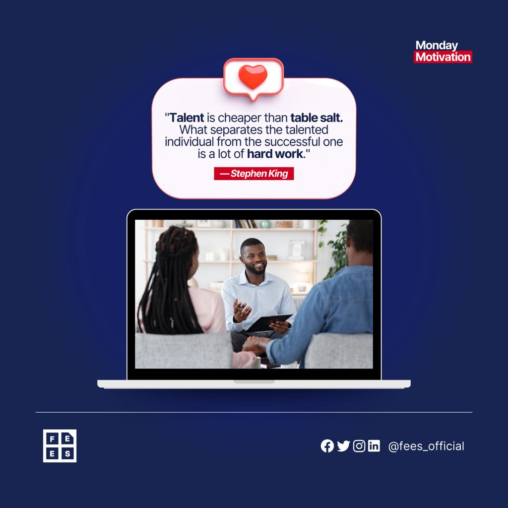 fees_official's tweet photo. Be reminded that talent yields success when it is constantly backed up and refined by hardwork.
Have a productive week ahead!
#FEES #feesconversations #careerdevelopment #growthmindset https://t.co/1vBz9dWFFG
