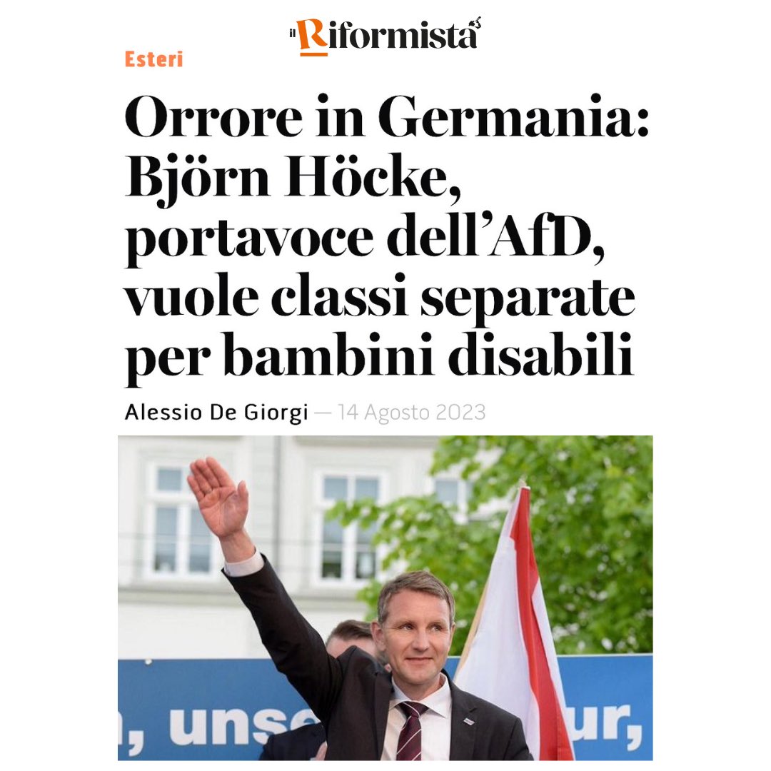 I disabili in scuole separate: questo propone l’estrema destra tedesca. 
Follie disumane che alimentano l’odio e la paura del diverso.
Spero che nessuno si allei con questa gente alle prossime europee. E spero che lo capisca anche qualche sovranista italiano alleato di questi