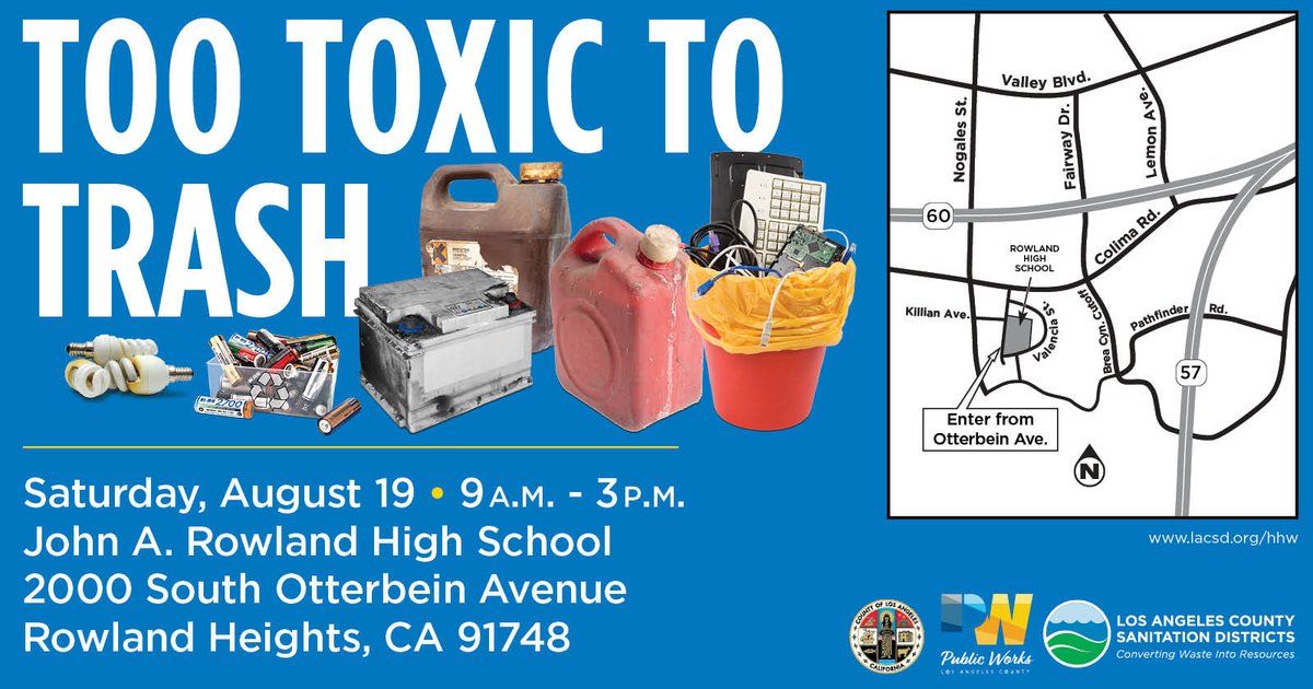 FREE Household Hazardous Waste & #EWaste Roundup on Sat, Aug 19 in #RowlandHeights at Rowland High School (2000 S Otterbein Ave), from 9am - 3pm. Bring paints, oils, batteries, sharps, computers, TVs, microwaves & more.  lacsd.org/home/showpubli… #Retweet #Recycle #CleanUp #Aug19