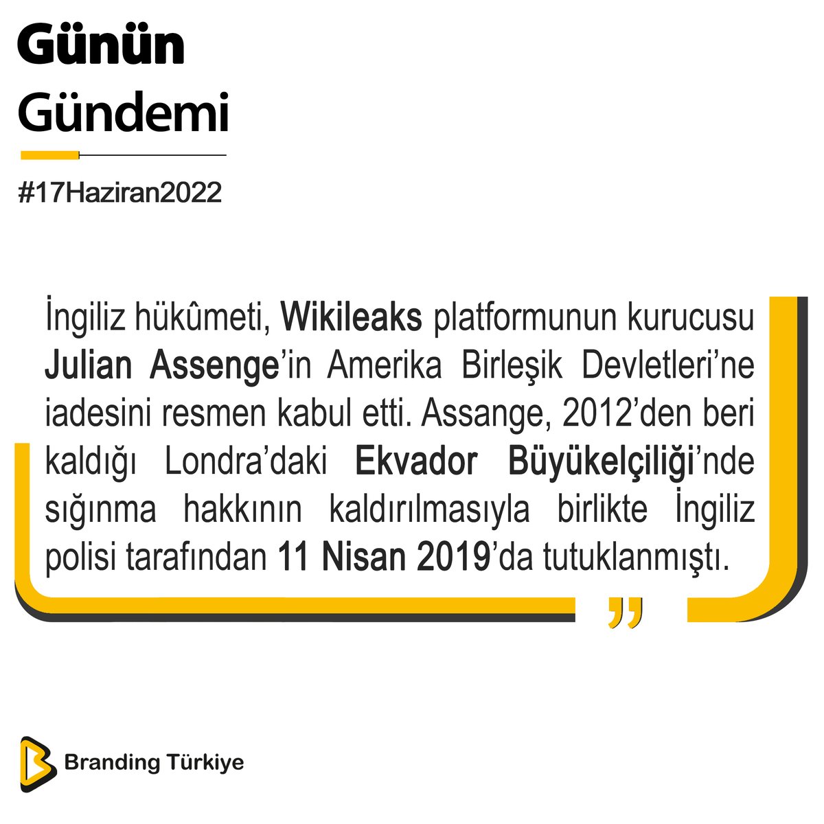 BrandingTR_'s tweet photo. #17Haziran2022

İngiliz hükûmeti, Wikileaks platformunun kurucusu Julian Assenge’in Amerika Birleşik Devletleri’ne iadesini resmen kabul etti

▶ https://t.co/gCNa7nBjml
#BrandingTürkiye #GününGündemi #Haberler #DijitalMarkalaşma #Wikileaks #ABD #Mahkeme #Londra #JulianAssenge https://t.co/a7SSD7LeRn
