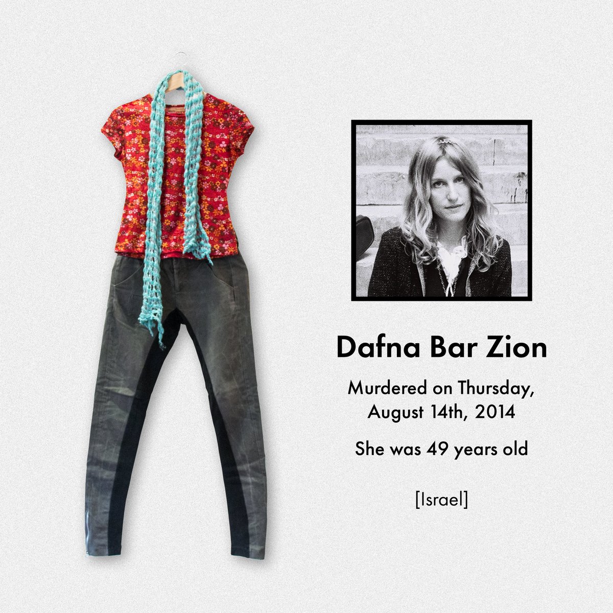 She's Gone.
Her absence is travelling the world instead. 

Dafna was supposed to be 58 years old today and instead of her, we have her clothes and #story to tell.

Read more: 
shesgone.org/en/victims/daf…