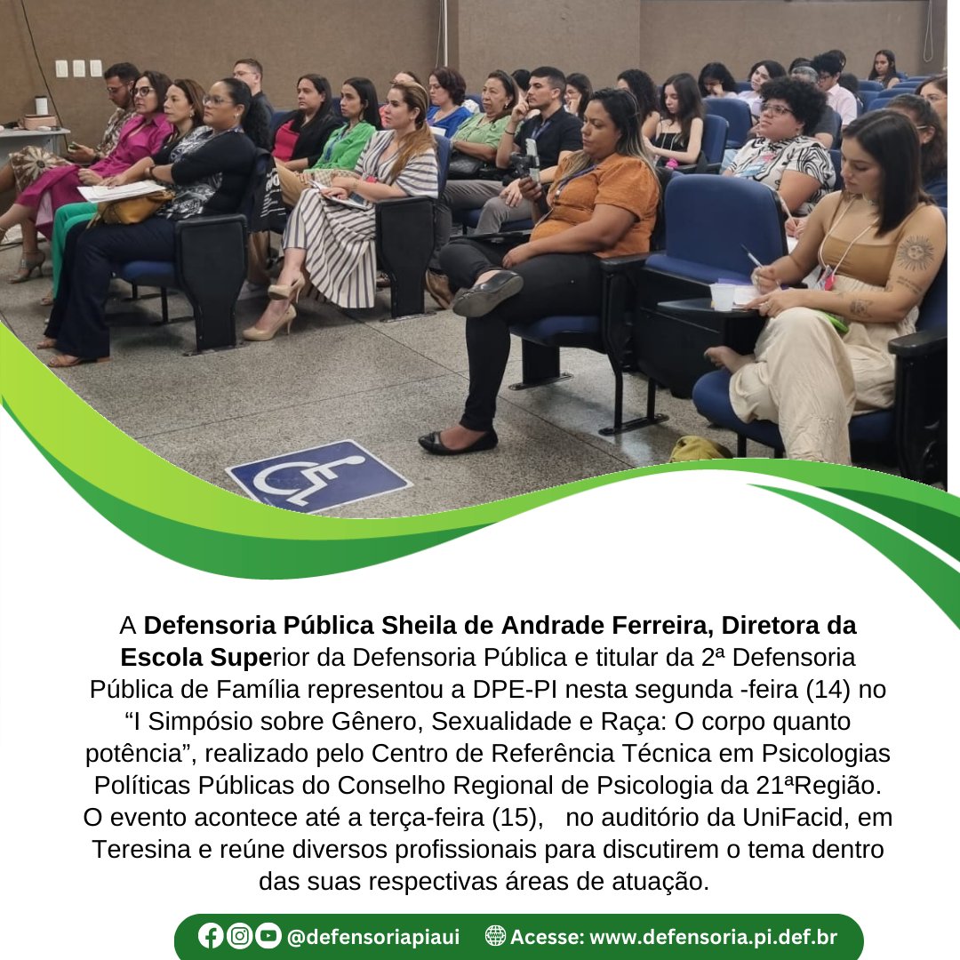 defensoriapiaui's tweet photo. ✅ Defensoria participa do I Simpósio sobre Gênero, Sexualidade e Raça do Conselho regional de Psicologia
🖥️ Mais informações em: https://t.co/i63XtQSGSC
#DPEPI #Piauí #Defensoria #NotíciasDPEPI https://t.co/UaOL0ujxuw