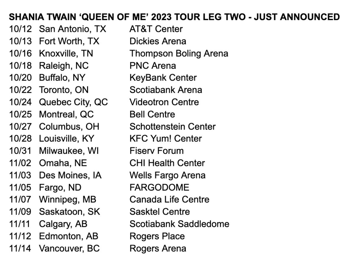 Wishing any #shaniatwainfan invited me to see her perform on her #Qomtour one last time in Toronto October 22, 2023 #QueenOfMeTour @ShaniaTwain
