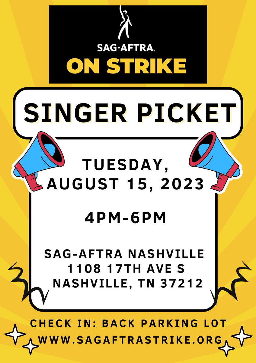 sagaftra's tweet photo. Nashville, NY and LA #sagaftramember SINGERS! Join the #SAGAFTRAstrike picket lines TOMORROW, 8/15 for a SINGER PICKET 🎤

👉Nashville: SAG-AFTRA Nashville, 4-6 CT
👉NY: NBC Universal, 9:30-12 ET
👉LA: Disney, 9-11 PT

More info at sagaftrastrike. org 🪧 https://t.co/UyXgha5Gft
