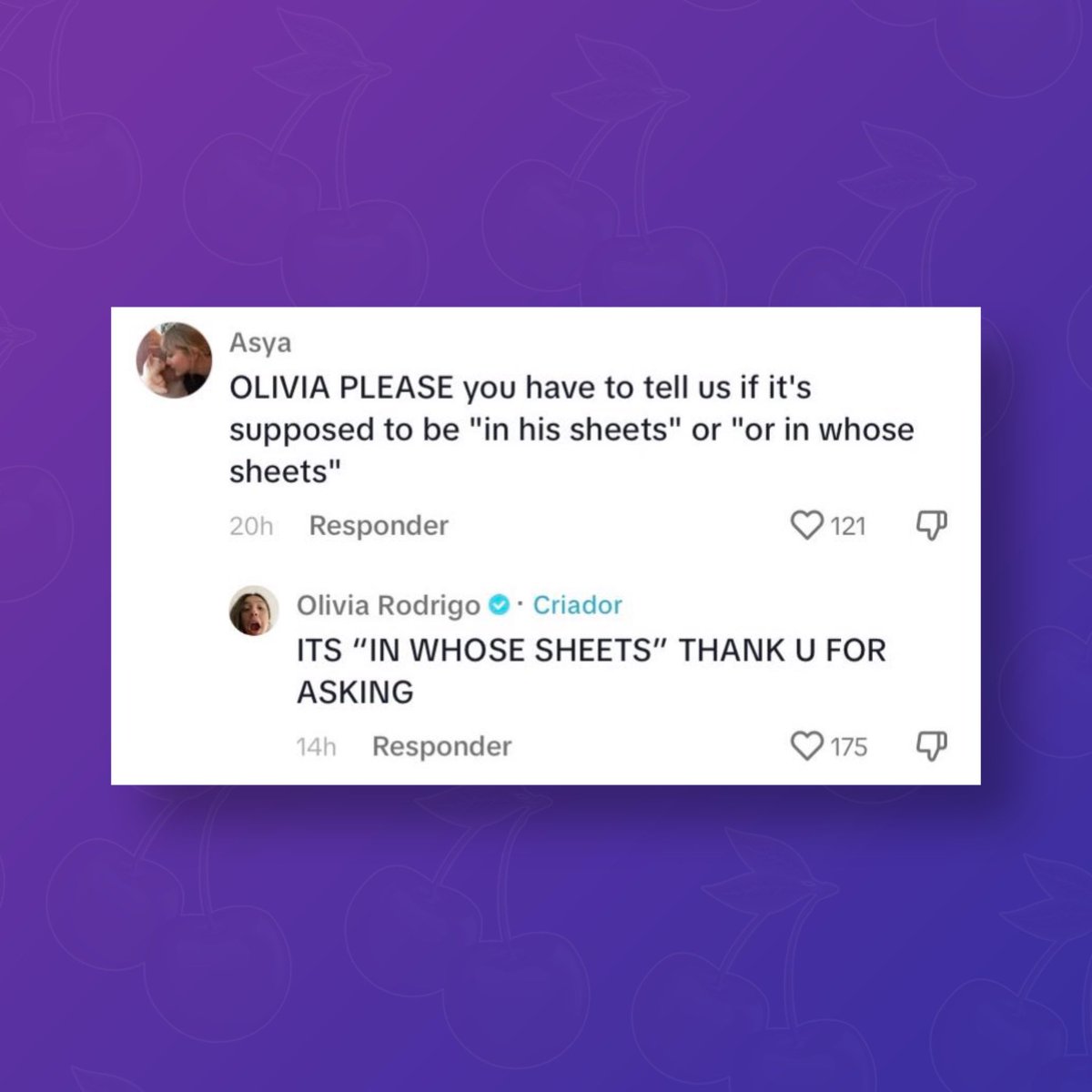 Olivia Rodrigo confirms the lyrics in her song ‘bad idea right’ are “in whose sheets” not “in his sheets” following fan debate.