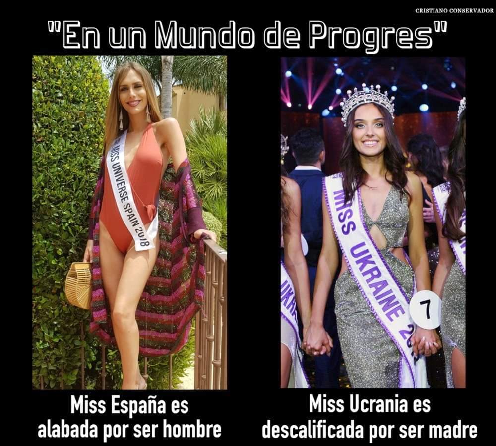 ¿Recuerdan el 2018, cuando Miss Ucrania fue despojada de su título porque se supo que era madre? Y sin embargo, Miss España fue una sensación internacional, ¿por qué? Porque es un hombre biológico, ahora una "mujer trans".

Así que entiendan esto: el certamen femenino de belleza