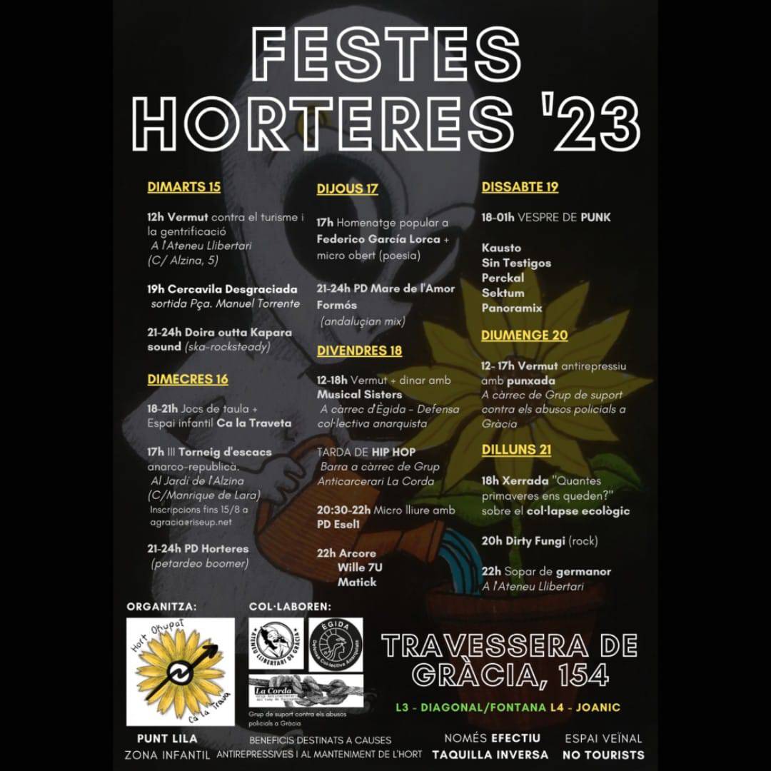 FESTES LLIBERTARIES DE GRÀCIA! El proper divendres estarem a la barra de Ca La Trava desde les 18'00h fins les 00'00h. Aquí el cartell general de tots els actes. Vine a gaudir de l'espai i a donar suport als col·lectius i causes antirepressives!