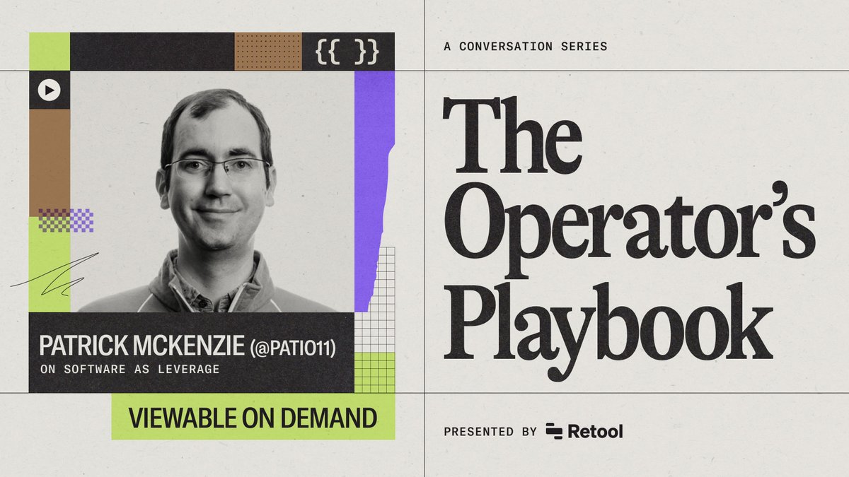 “What will we be doing if not understanding how the world works?”

In the first episode of the new Operator's Playbook, <a href="/patio11/">Patrick McKenzie</a> joins Retool's <a href="/jamiecuffe/"></a> to explore software as leverage, the evolving role of ops, and the future of programming.

Link below👇