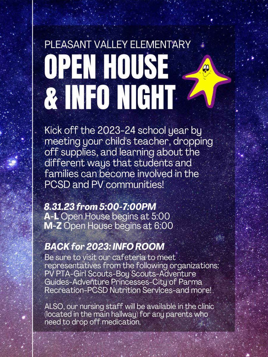 PV Families: Please join us for Open House on 8/31! Please note that Kindergarten families are able to attend and meet our staff, but classrooms and teachers will not be assigned until orientation dates. We look forward to seeing everyone soon!! 💙⭐️