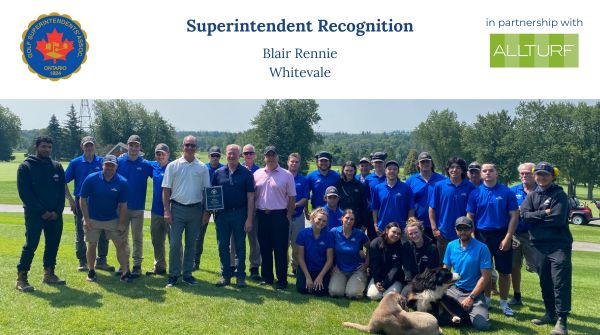 OntarioGSA's tweet photo. It's @BlairWhitevale and the team's turn for some #SuperRec! OGSA @gunsean2121 and @AllTurf_LTD @Nigel_Rennie are happy to thank you! Excellent work prepping for the Ontario Senior Men's Championship! And good work Timber and Bear πΆ https://t.co/6BEI9Avpo9