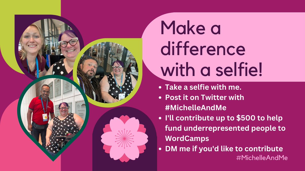 In a week I will be in the DC area for #WCUS!

Will you be there? If you see me grab a selfie! Share on Twitter with hashtag #MichelleAndMe &amp; tag me in it!

So far we’ve raised $2250 to help get underrep'd folx to WordCamps. Others have added to it, and you can too! (DM me)