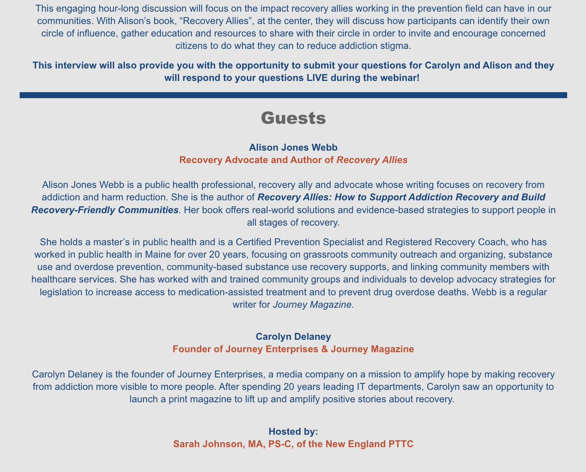 NewEnglandPTTC's tweet photo. Join the @NewEnglandPTTC during 2023 National Recovery Month as we interview Carolyn Delaney, founder of Journey Magazine, and Alison Jones Webb, author of Recovery Allies, during this one-hour special.

September 19, 2023 at Noon
REGISTER: https://t.co/NREKAI0meP

#recoverymonth https://t.co/xTJ8PXBR88