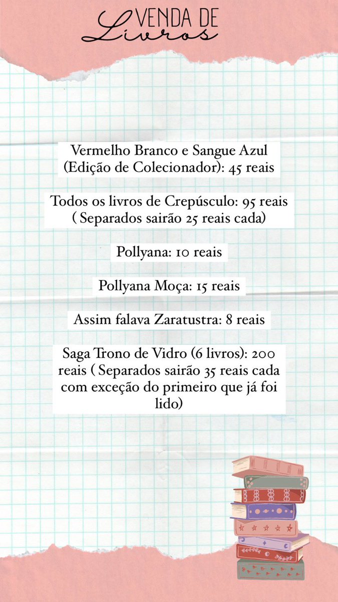 VENDA DE LIVROS!! deem rt pff

Estou vendendo alguns livros em ótima condição para poder assistir o Rodrigo Garcia em Funny Girl 
Ajudem essa fã a assistir seu artista favorito 🙏🙏🙏
Se tiverem interesse em algum me chama no pv ou na dm do insta @helenamuraro._